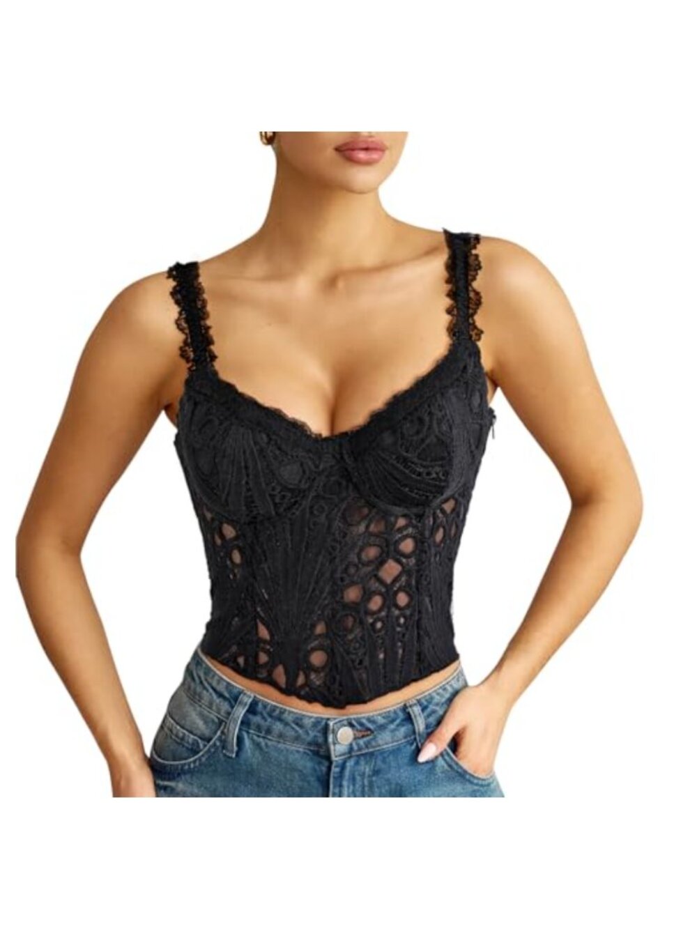 Sheer Floral Lace Corset Top Bustier Lace-Up Bralette